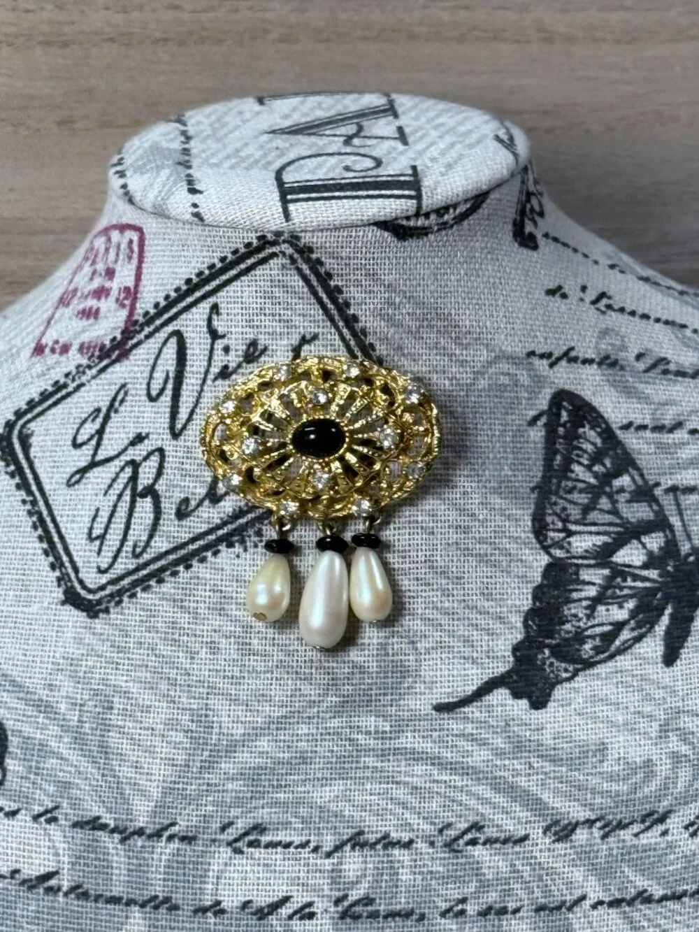 Vintage Gold Tone Filigree Brooch Faux Pearl Drops
